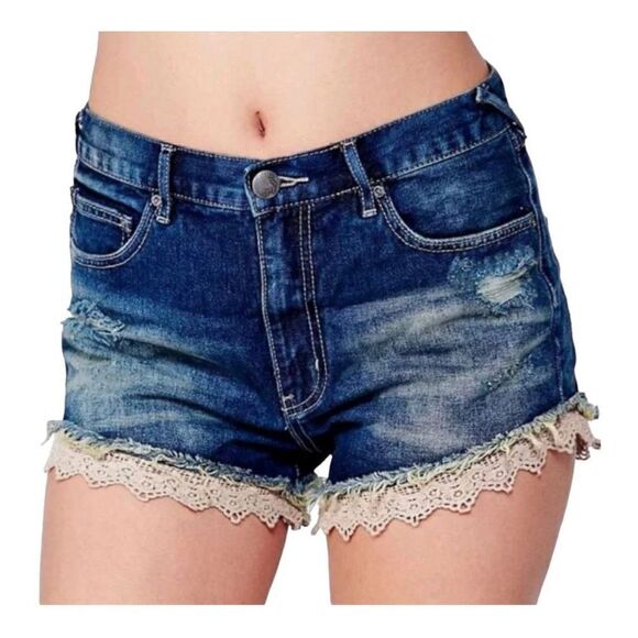 Free People Shorts Jean Distressed Crochet Lace Hem Women’s 29 Denim 100% Cotton - Picture 1 of 8